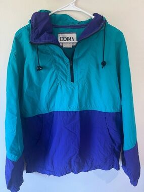 Vintage Prima Women’s Teal & Purple Colorblock Hooded Windbreaker Jacket Medium